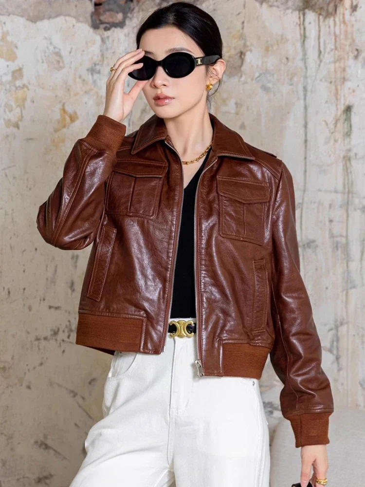 

Casual Genuine Leather Motorcycle Bomber Leather Jackets for Women 2026 New High-end Retro Simple Short Real Cow Leather Jacket