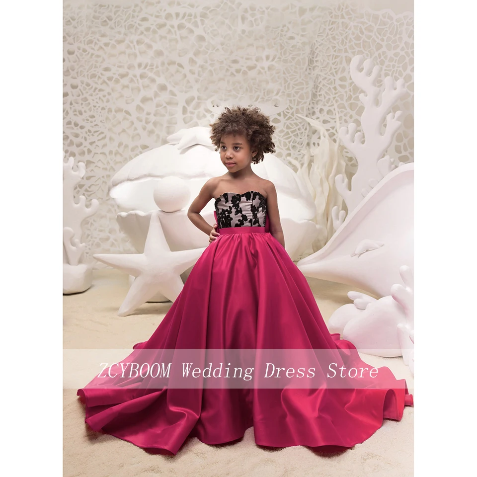 

Elegant Bow Strapless Appliques Stain Flower Girl Dress For Wedding 2023 A-Line Floor Length First Communion Dress Pageant Gown