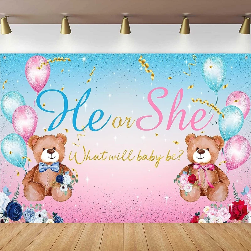 Photography Backdrop Gender Reveal Party Decoration He Or She Banner What Will Baby Be Background Blue Pink Bear Poster