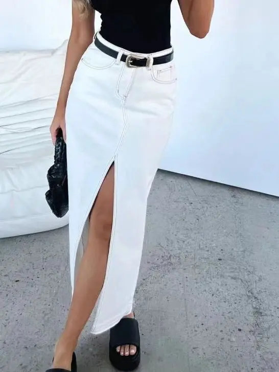 High Waist Split Design Long Denim Skirt Women's Fashion High Waist Polyester Fabric No  Loose Type Spring Summer