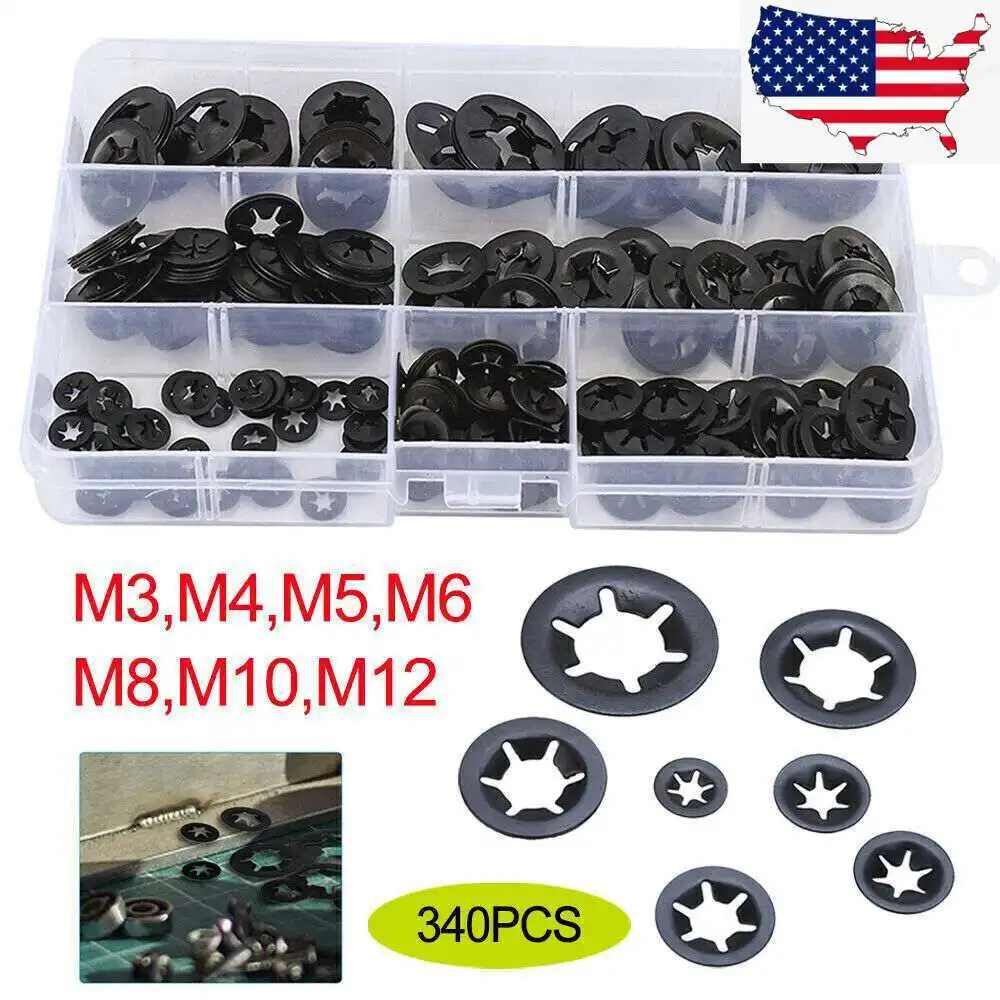 340Pcs Starlock Washers Push On Lock Star Tooth Grab Fastener Clips Lock Set US