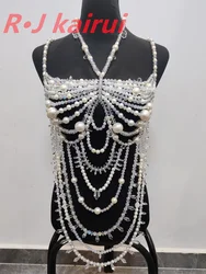 RJ Fashion Sexy Imitation Pearls Neck Body Chain Pastel White Beads Halter Dress Masquerade Stage Party Jewelry Accessories