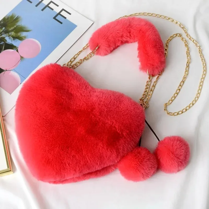 Borsa a mano in finta pelliccia di coniglio Borsa a forma di cuore da donna alla moda Borsa a tracolla a spalla singola Portamonete di grande capacità