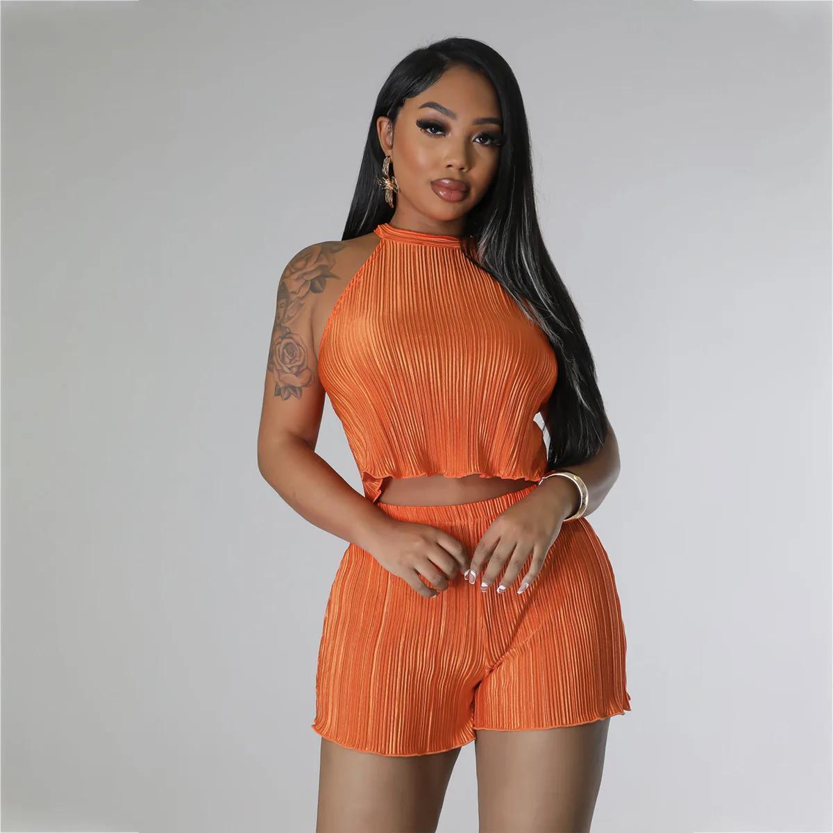 SKMY Clothes For Women Summer Casual Pleated Fabric Sleeveless Vest Crop Tops And Shorts Two Piece Sets Outfits Solid Color