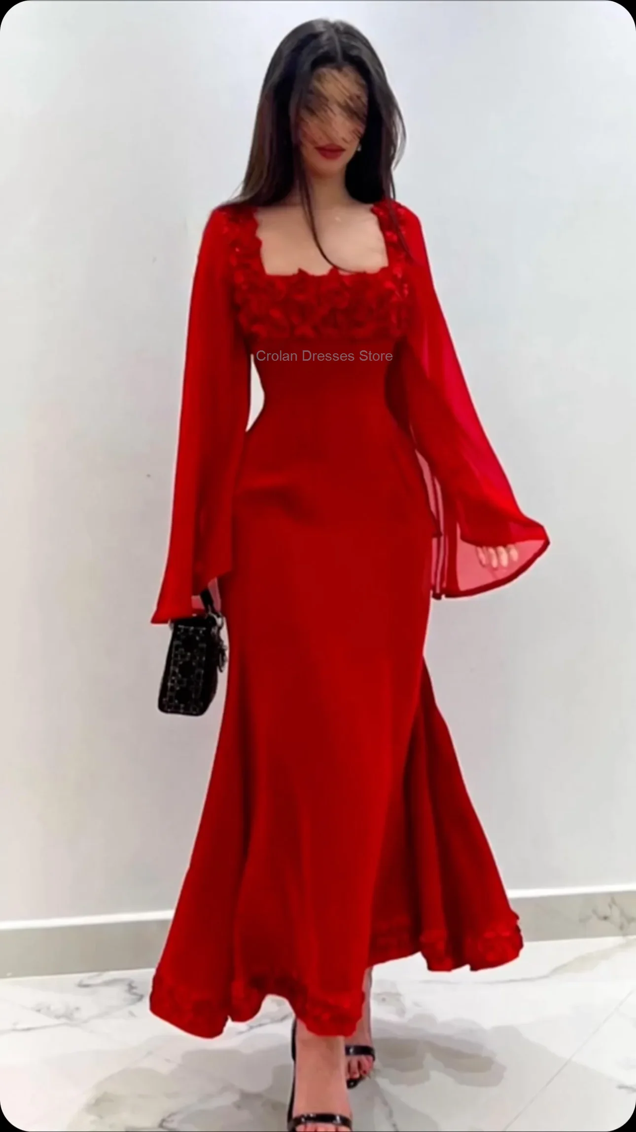 Elegant Dubai Prom Dress With 3D Flowers Full Sleeves Tea Length Evening Dress Women Birthday Wedding Party Formal Gowns Arabia