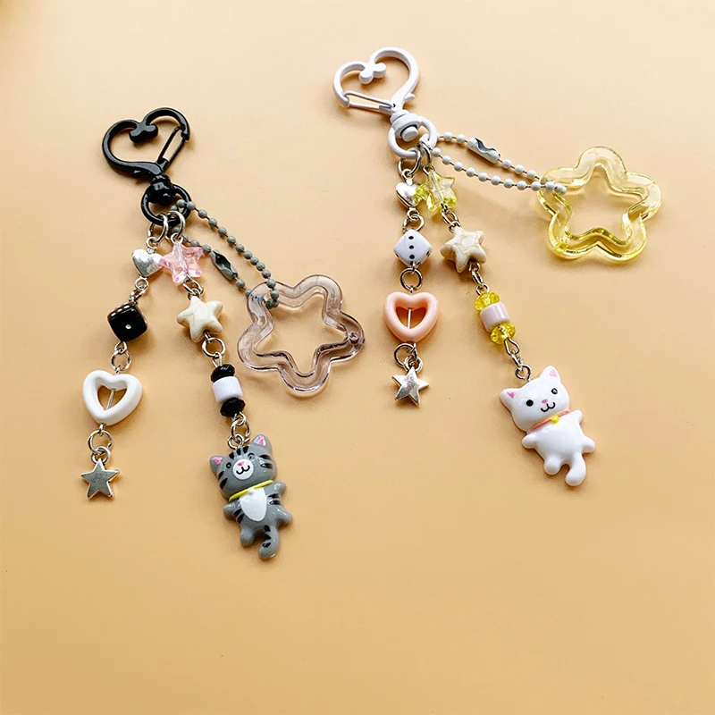 Y2k Aesthetic Phone Lanyard Keychain Fashion Cartoon Cat Keyring Sweet Girls Bag Pendant Decoration Backpack Ornament