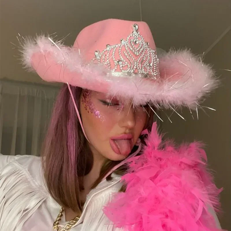 Y2K Pink West Cowgirl Hats Sequin Tiara Feather Felt Western Cowboy Hat Costume Cowgirls Stuff Caps Women Chapeau Rose Sombrero