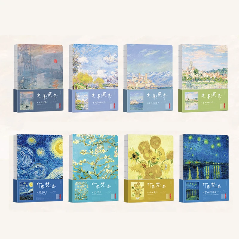 Cuaderno de cubierta de la serie de pinturas famosas de Van Gogh y Monet A5, 80 hojas/cuadrícula de libros, páginas interiores, diario de