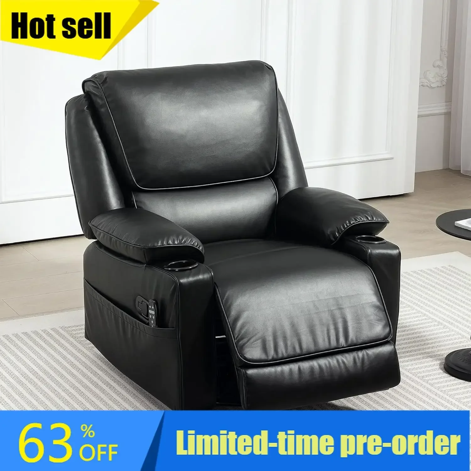 Black Oversized Ergonomic Swivel Rocker Recliner Vibration Massage Heat PU Leather Footrest Remote Cup Holders Side Pockets Livi