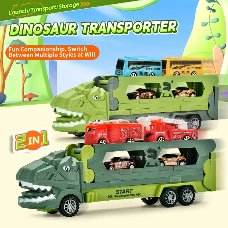 سيارة Transformer Dinosaur Track Launcher - 2 في 1، تصميم قابل للطي، مزيج من Triceratops، T-Rex، وأنماط المتسابق، للأعمار من 3 سنوات فما فوق