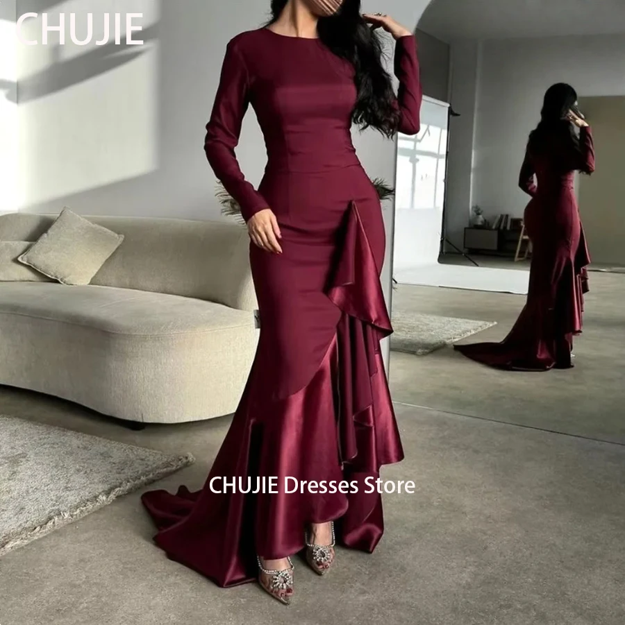 Robes de soirée personnalisées bordeaux à manches longues pour femme robe de mariée modeste plissée sirène dubaï arabie saoudite فستان 