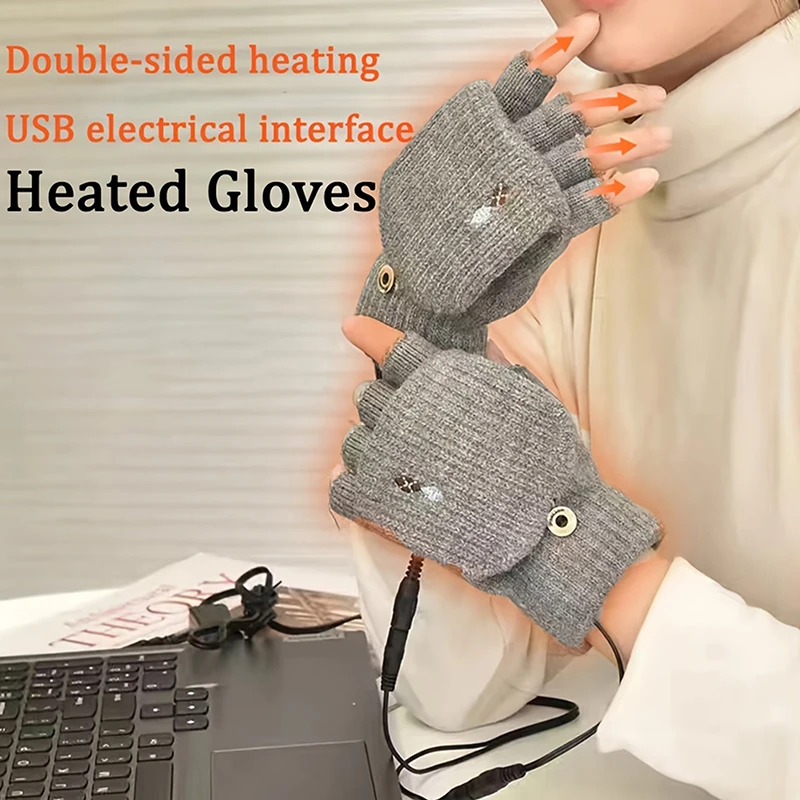 USB Gloves Knitted Half-finger Flip Gloves Electric Heating Warm Gloves Charging Gloves Double-sided Heating Electric Heating