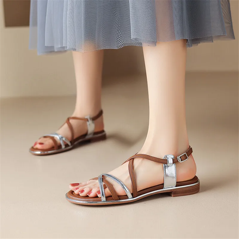 2023 New Summer Sandals Women Split Leather Shoes Round Toe Low Heels Gladiator Shoes Sandals for Women Handmade Women Sandals