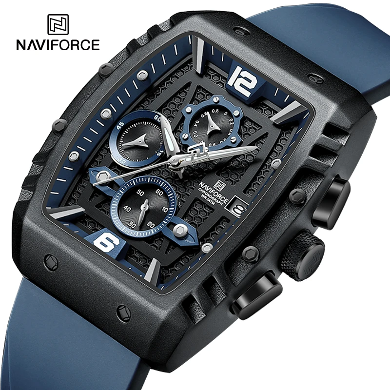 Naviforce relógio de pulso multifunções dos homens, quartzo, esportes, impermeável, pulseira de silicone, calendário, cronógrafo, nf8025