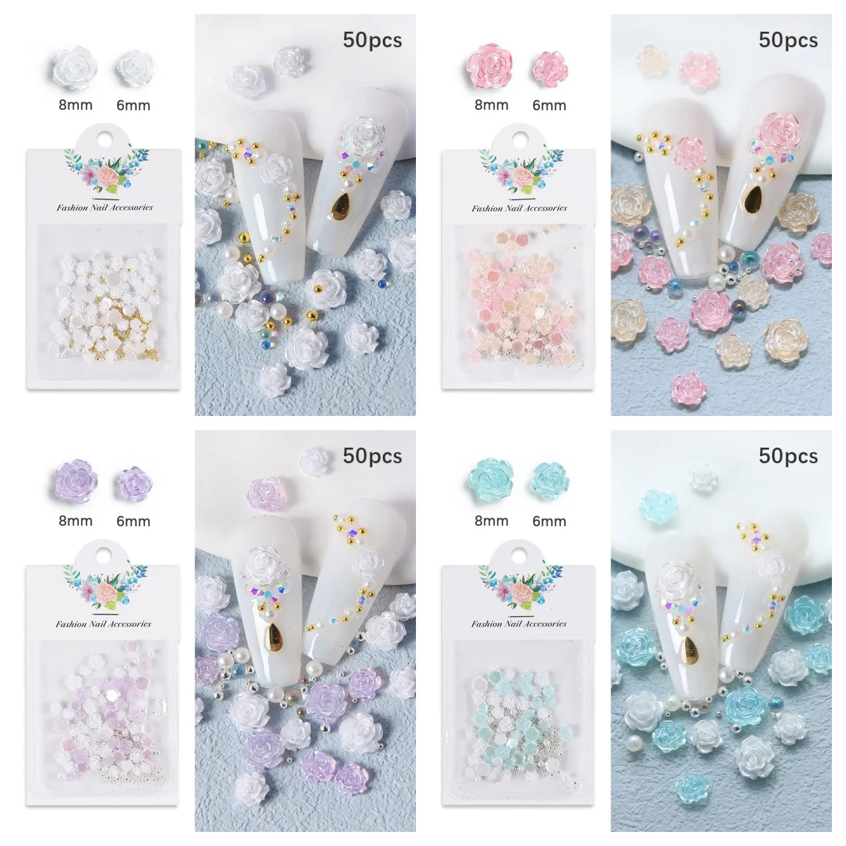 

50Pcs/Bag DIY Nail Art Decoration 3D Resin Pearlescent Camellia With Steel Balls Pearl Manicure Diamond Manicure Design Accesso
