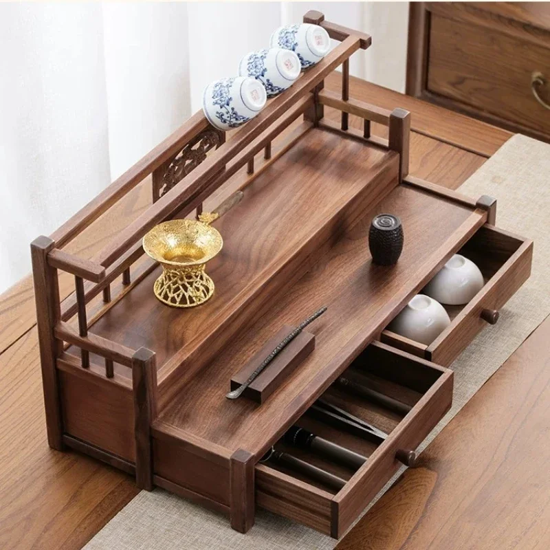 Double Layer Walnut Tea Storage Rack Chinese Solid Wood Display Stand for Teapot Purple Clay Cup Drainage Organizer