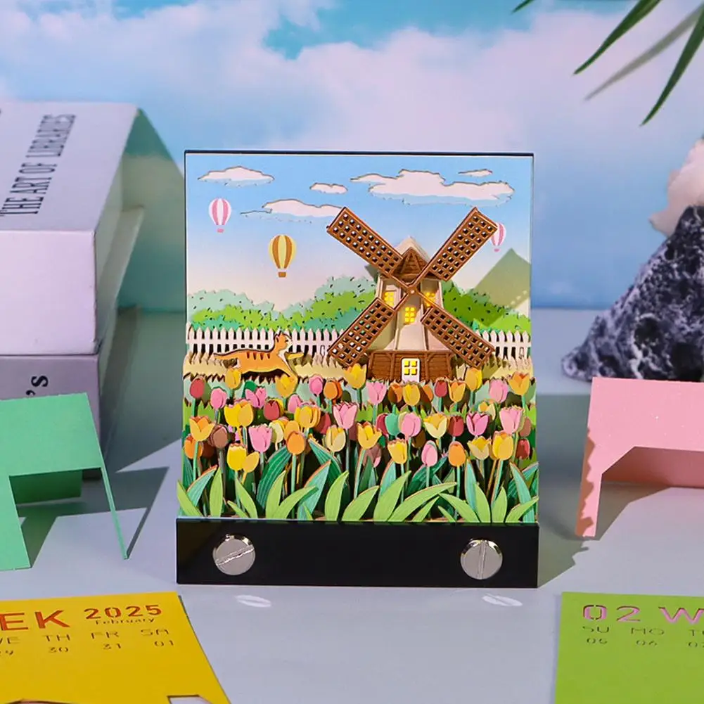 Windmill ที่สวยงาม Pastoral 3D ปฏิทินเดสก์ท็อป 2025 ใหม่ 1pcs Notepads น่ารักตกแต่งบ้านปฏิทินปี Tear-Off - N2C1