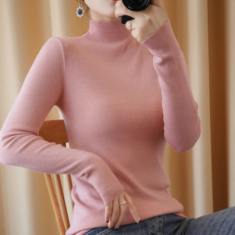 LDZWSM New Semi Turtleneck Women's Sweaters Pullover Korean Slim Warm Basic Knitwear Fall Sweater Female