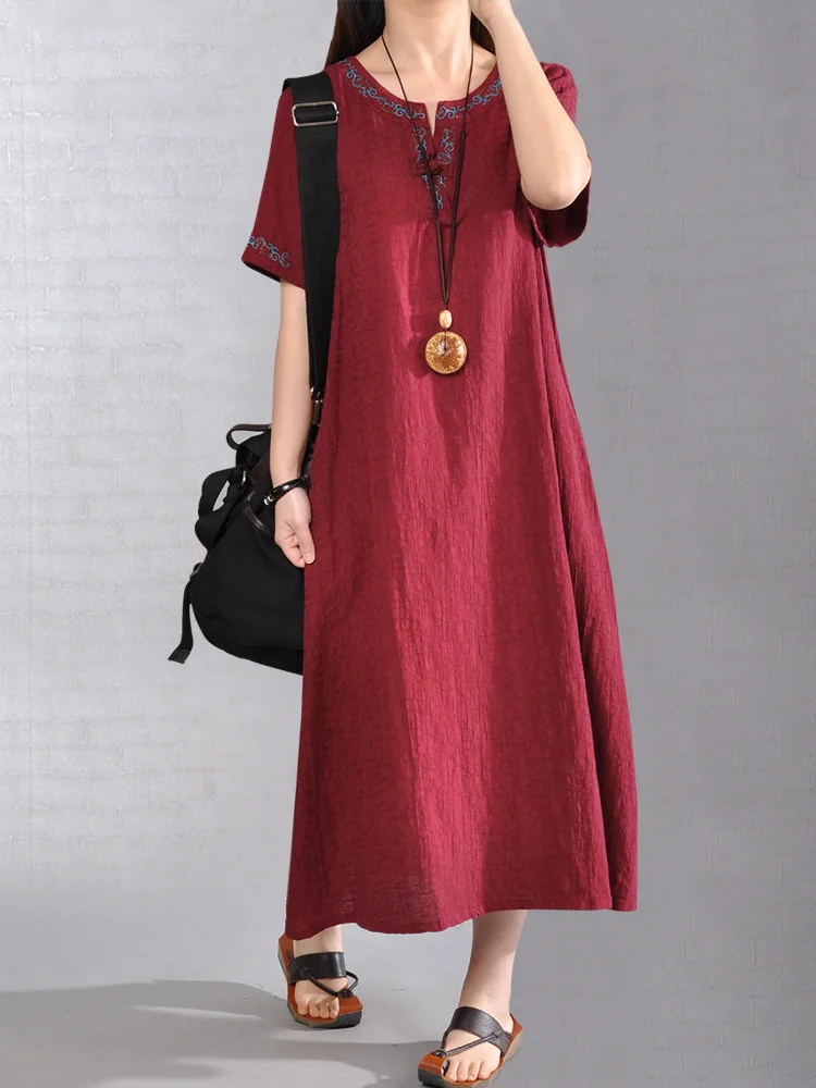 

Retro Embroidered Cotton Linen Dress Short Sleeve Loose Robe Long Skirt Bohemian Style Summer Fashion Women's Dress