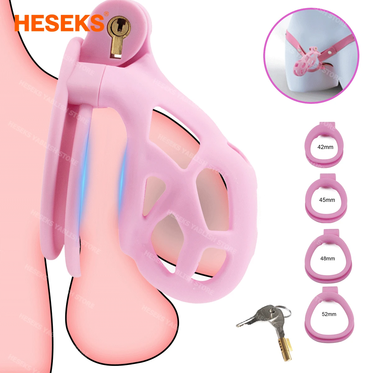 HESEKS Pink Male Chastity Cage Lock Cock Device Kit With 4 Arc Penis Rings Sex Toys For Men Gay Scrotum Adult Games Sex Shop 18+