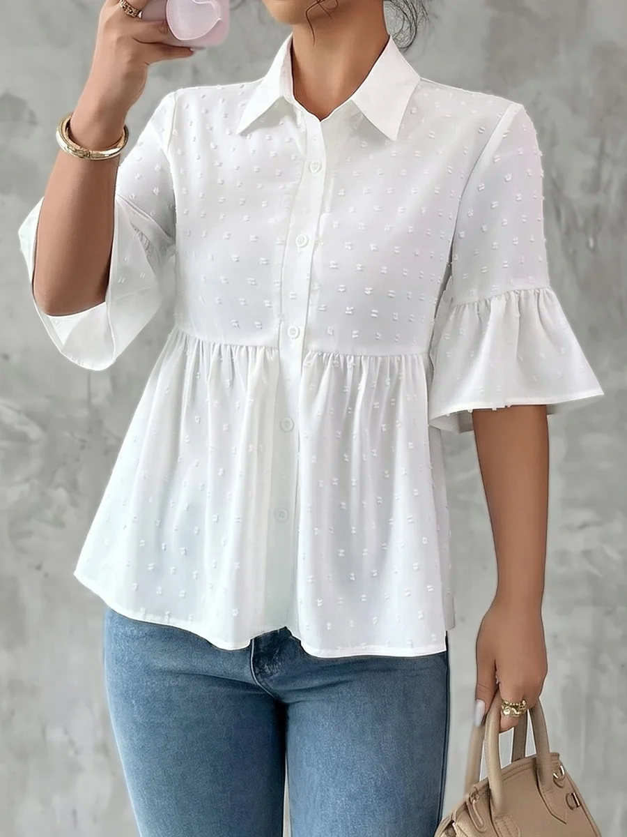 

Onecozyday 2026 New Solid Color T-shirt for Women Lapel Collar Flared Sleeve Loose Fit Shirts Summer Casual Blouse for Office