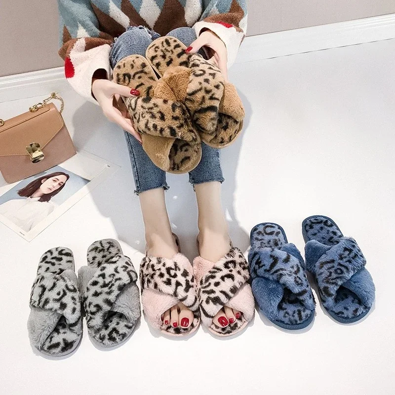 New Women Slippers Winter Shoes Flat Sweet Woman Indoor Faux Fur Warm Soft Slip On Home Leopard Print Pink Furry Ladies Slipper