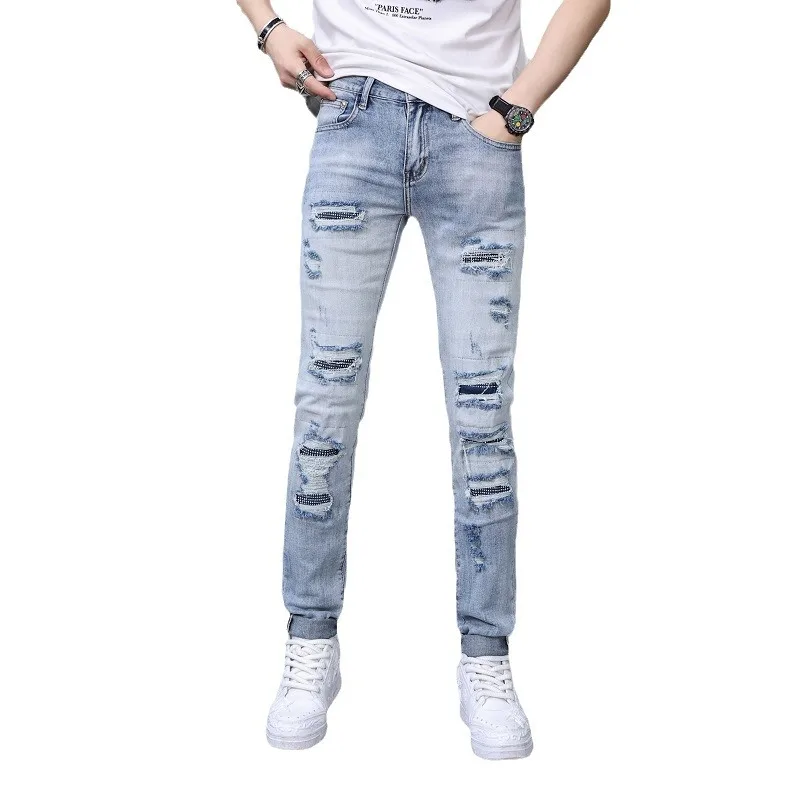 2024New Men's Summer Thin Light Blue Ripped Jeans Men's Slim-Fitting Small Straight Stretch Casual Long Pants