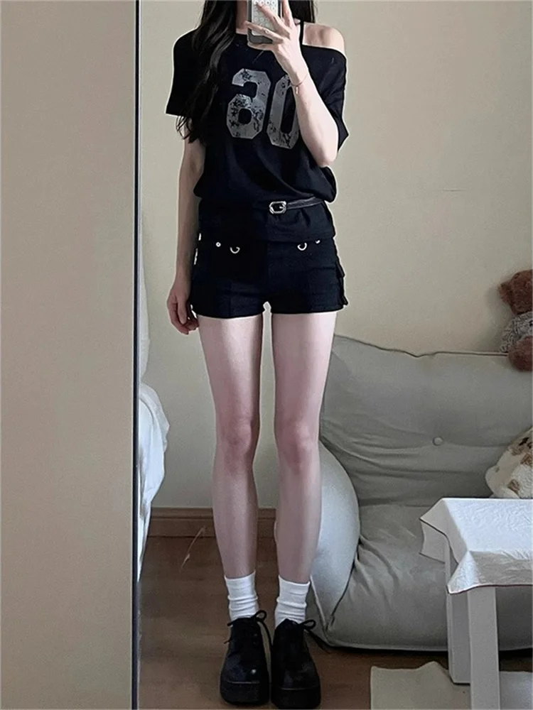 ملابس العمل الأمريكية الرجعية الدنيم orts المرأة حجم كبير منخفضة الخصر تشديد ألف خط ملابس العمل فائقة فورت السراويل الساخنة عالية الخصر الجينز