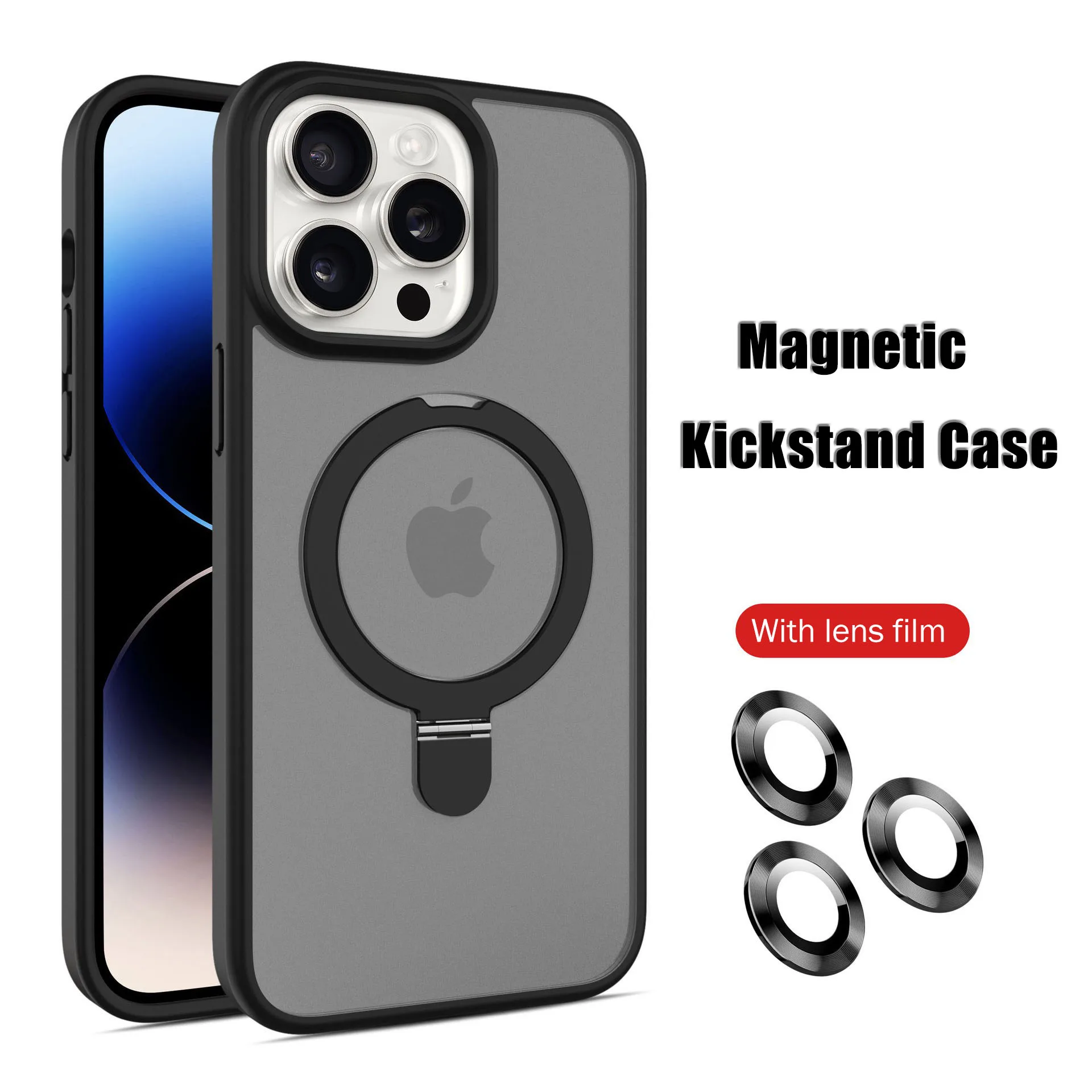 Hidden stand Magnetic Phone Case Megsafe Wireless Charge For iPhone 15 14 13 12 11 Pro Max With Lens Film Frosted phone case