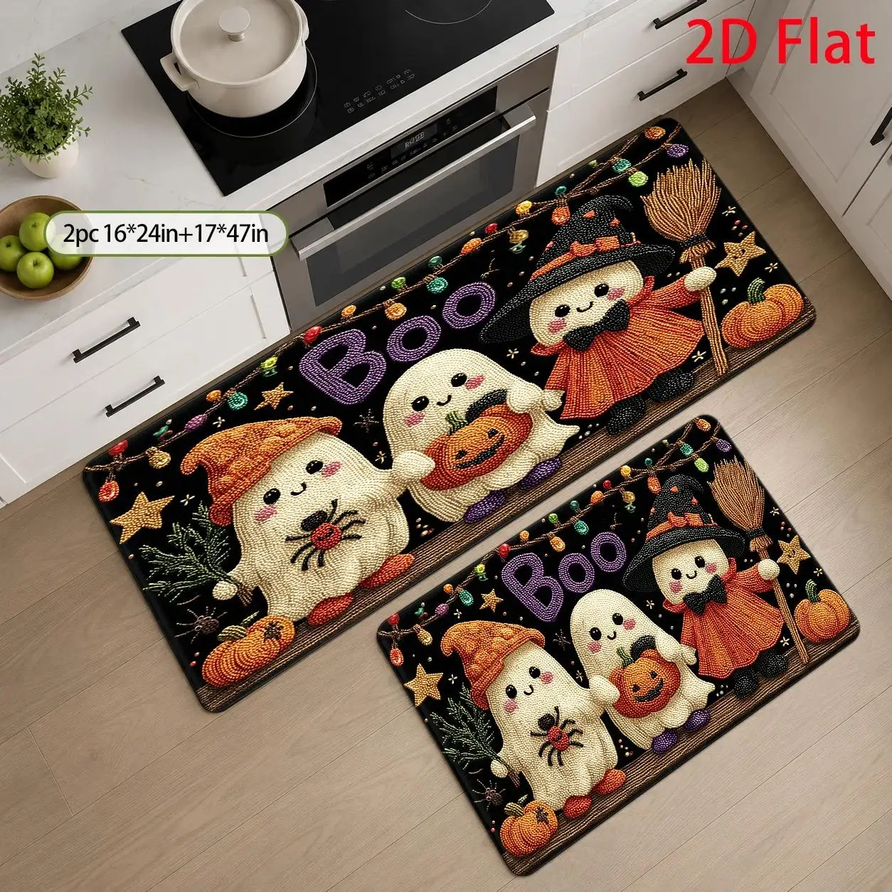 1pc, 2pcs, 3pcs, 2D Flat Kitchen Floor Mat Set, Halloween Themed Floor Mat, Cute Ghosts And Witch Design, Festive Spooky Pattern, Easy-To-Clean Decorative Kitchen Mat, Suitable for Kitchen, Bathroom, Laundry Room, Dining Table