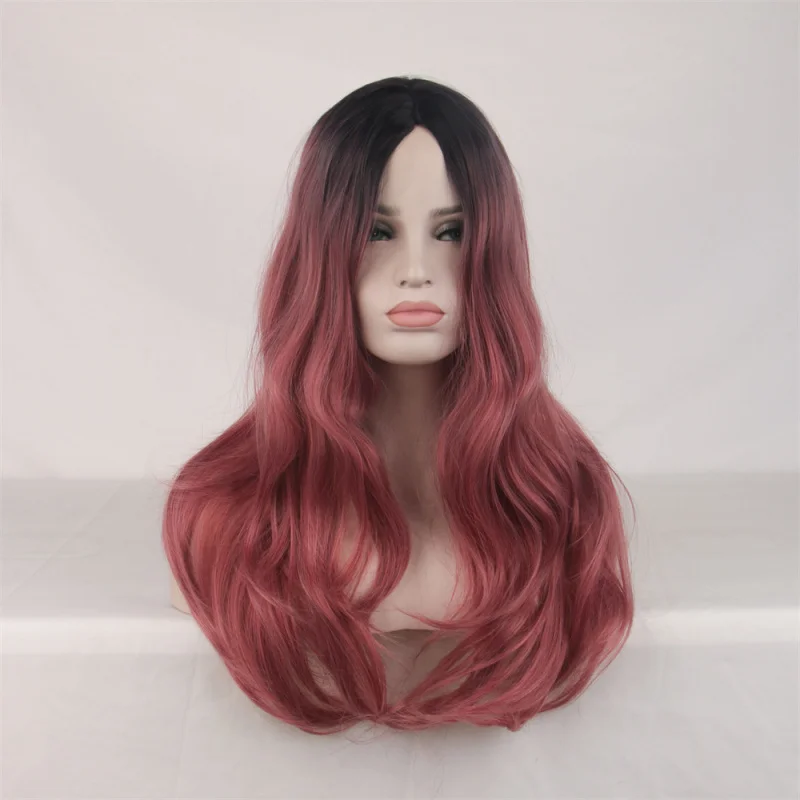 

Gradient Wig Headband Middle Part Wine Red Wig Full Head Wig European and American Style Big Waves Synthetic Matte High Temperat