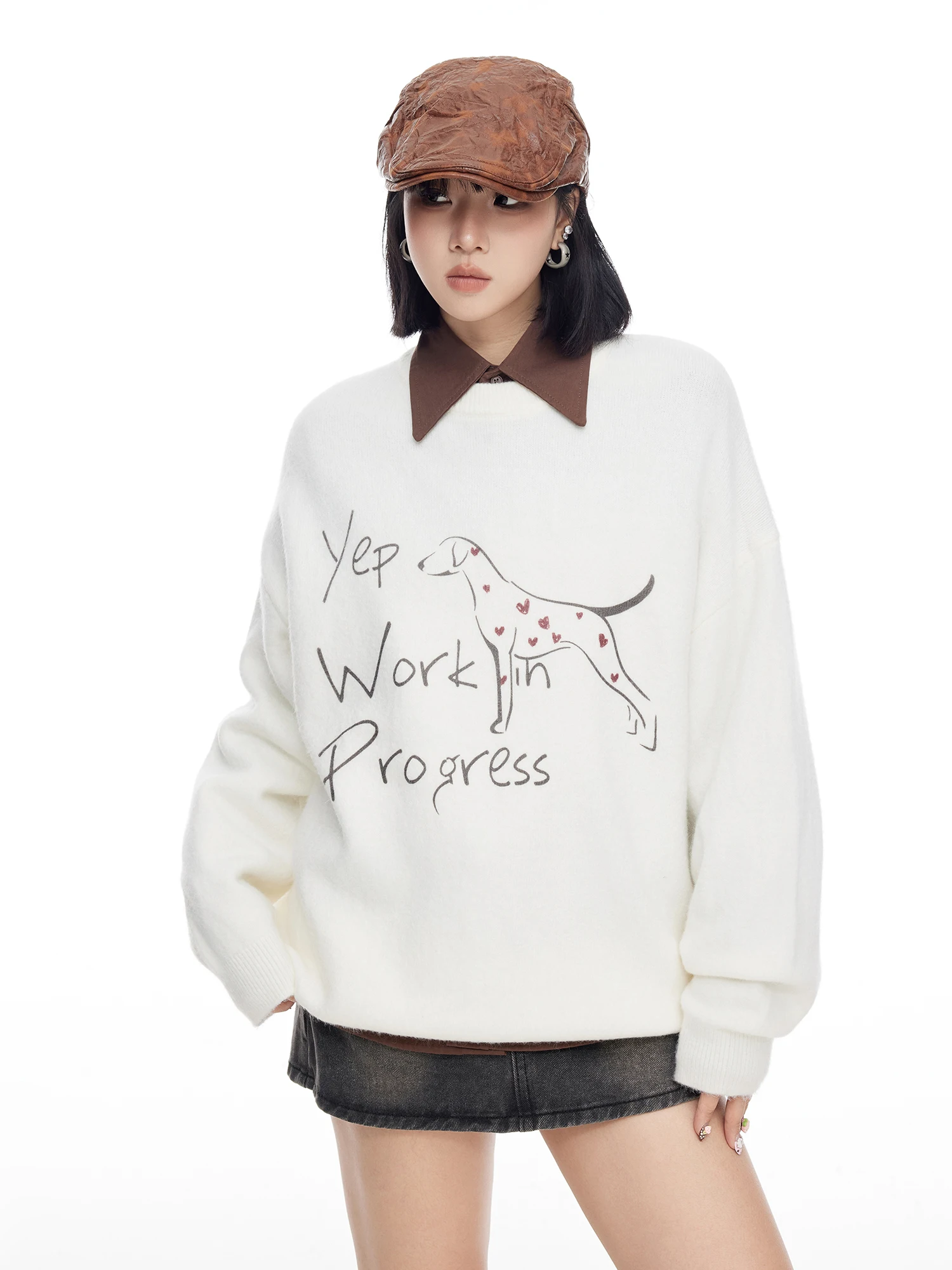 

American Cartoon Print Light Beige round Ne Sweater Women's Autumn Winter Loose Knitted Top Trendy Street Sle Faion