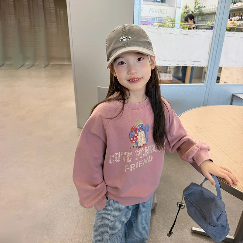 New Children's Clothing with Washing and Heavy Printing and Dyeing, Soft and Thick Texture, Pink and Fun Penguin Hoodie Clothing