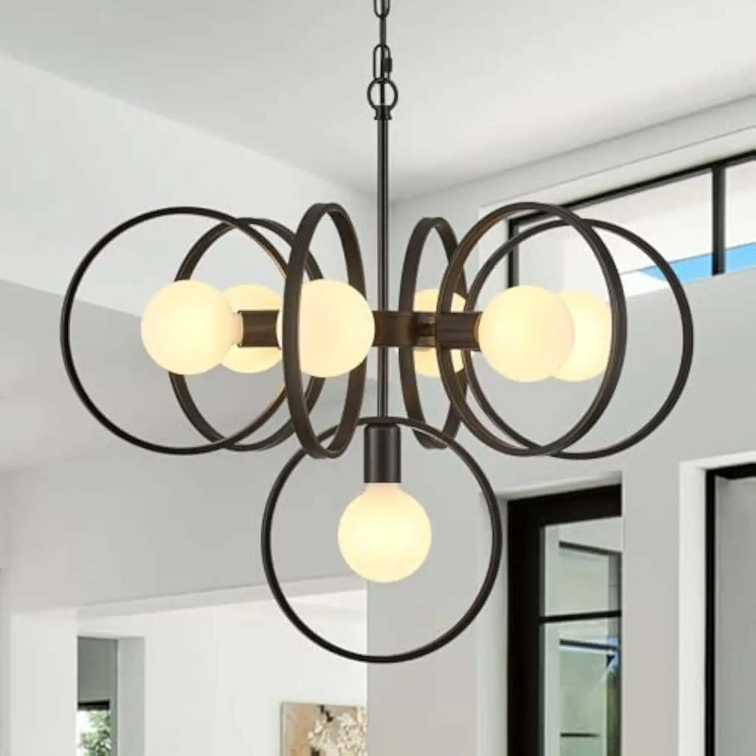 

25.8 Modern Black Chandelier for Dining Room, Vintage Circle 7-Light Pendant Light Fixture for Kitchen Island, Farmhouse Rustic