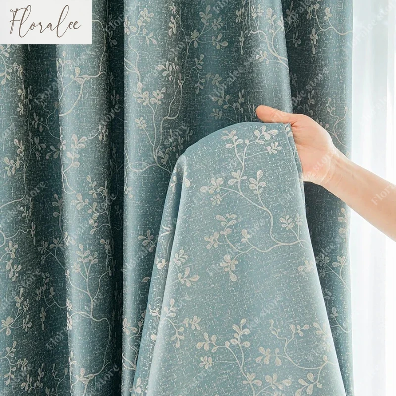 

Customized Blue-green Vine Jacquard Thickened Blackout Curtains For Living Room Bedroom Window Balcony French Window Pastoral