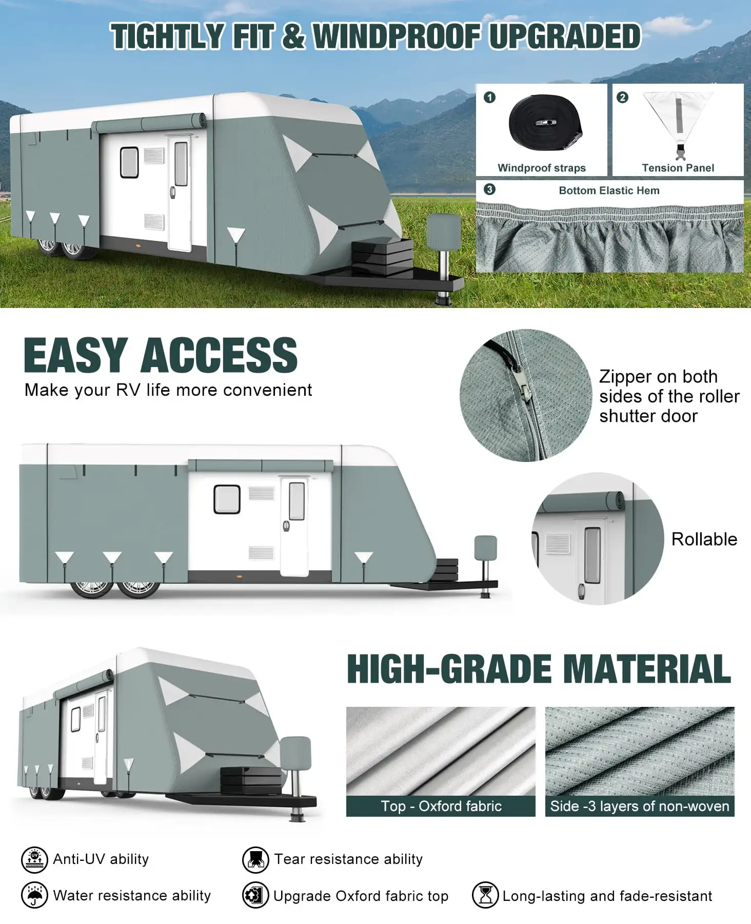 22.1-24FT 트래블 트레일러 RV 커버, 업그레이드된 옥스포드 방수 찢김 방지 자외선 차단 캠퍼 커버
