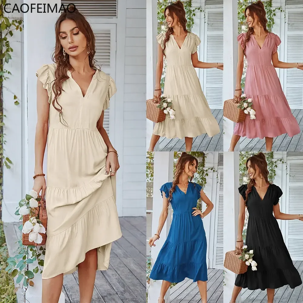 

2023 Women Summer Maxi Long Dress Fashion Lace Up V Neck Ruffles Sundress Solid Sleeveless Party Summer Dress Black Dress