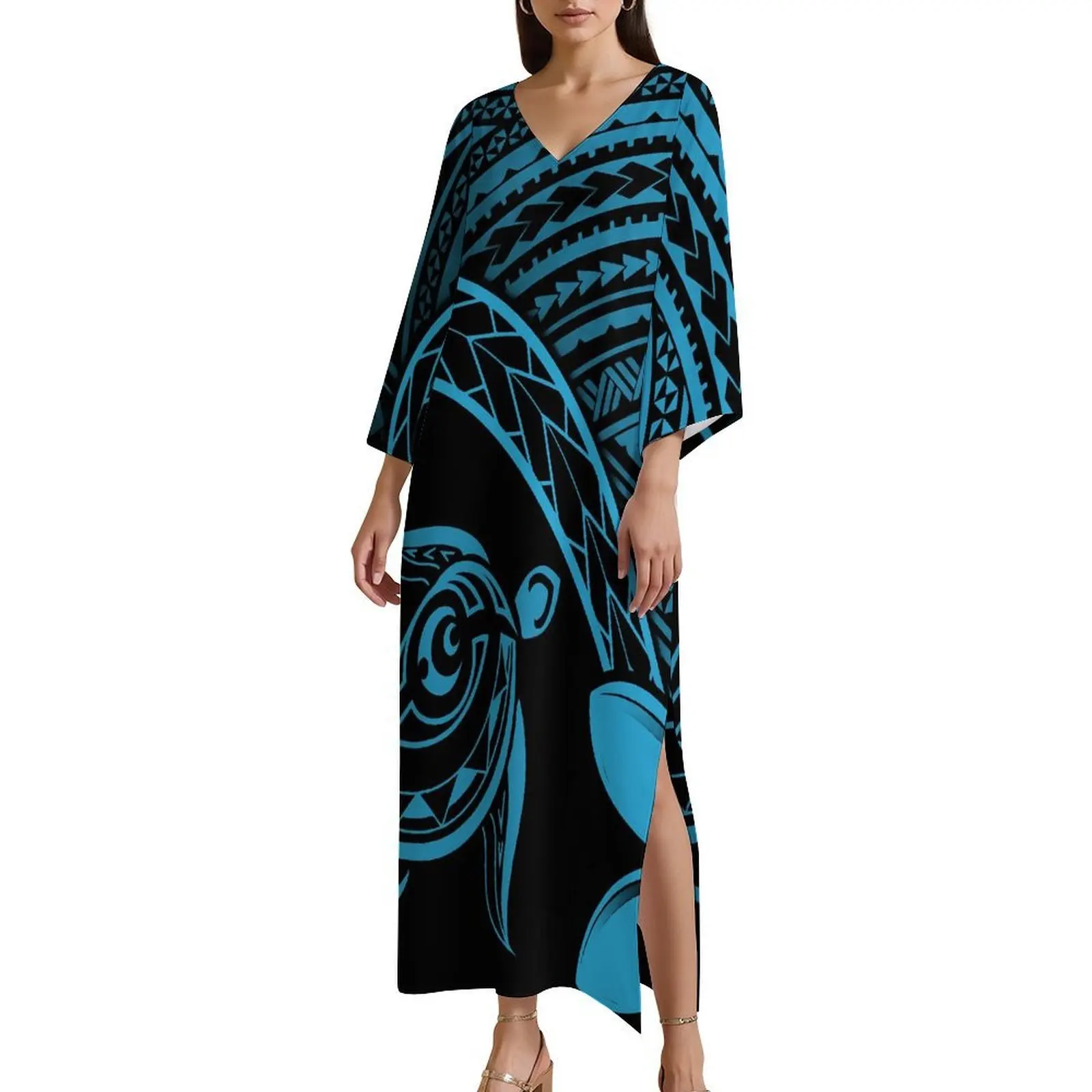 ポリネシアン風カスタマイズ可能なカフタンワンピース、ガーデンブランチ、ソフトな花柄プリント、涼しげで夏らしいシックなデザイン、一年中使える