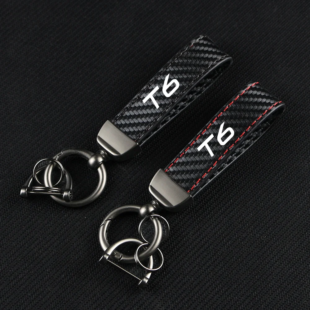 

Car Key Carbon Fiber Leather Rope Car Keychain Alloy Key Chain Pendant Keyring Horseshoe Buckle for T6 V40 V50 Auto Accessories