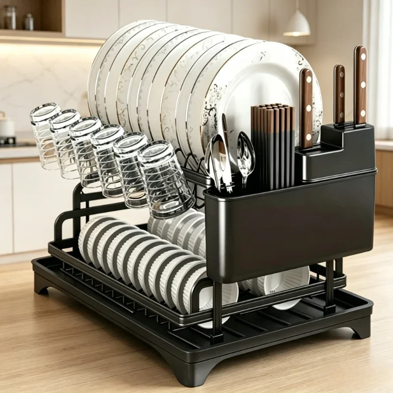 2-Tier Black Full Set Dish Drying Rack, 360° Rotating Drainboard with Utensil Holder, No-Drill Kitchen Organizer Gift
