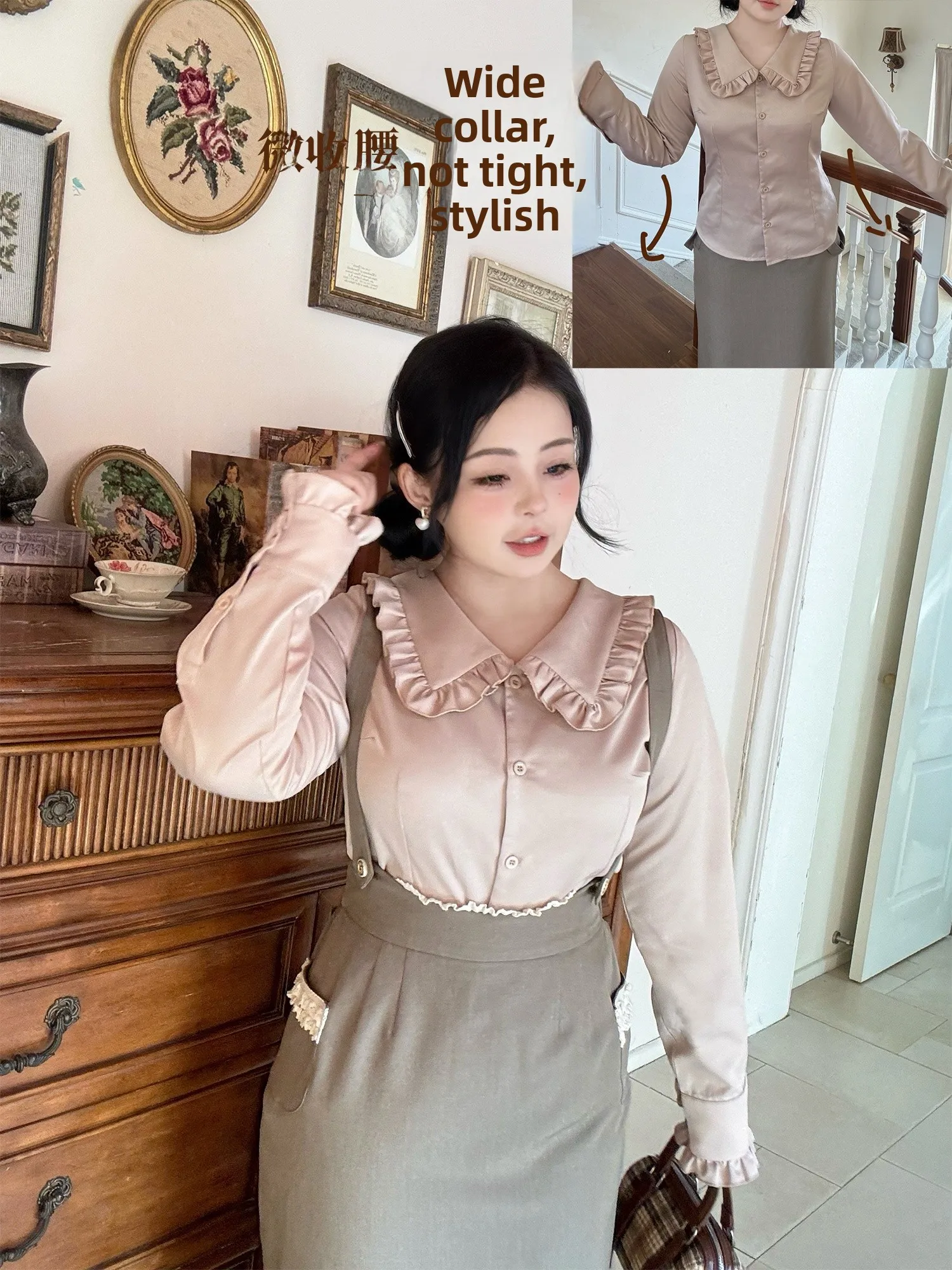 

Retro Long Sve Doll Collar Loose ort irt Wooden Ear Women's Faion Polyester Blend Regular Sve Length Pure Color
