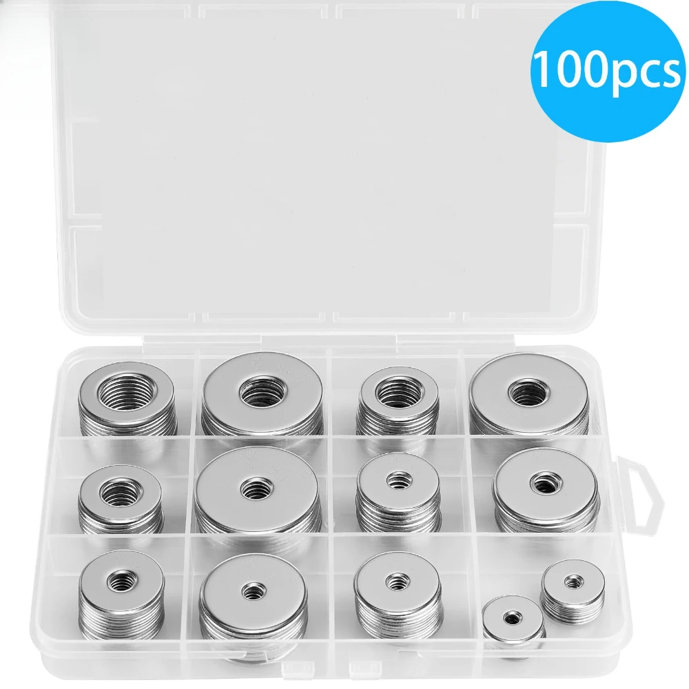 100pcs Fasteners Gasket Box 304 Stainless Steel Large Flat Gasket M3 M4 M5 M6 M8 M10 M12 GB96 Gasket Washers Hardware