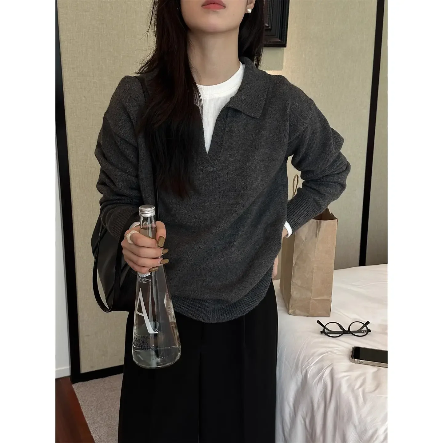 

Autumn Winter New Style Versatile Knitwear Quality New Top Gray Polo Collar Knitted Sweater Women's Fashionable Base Layer