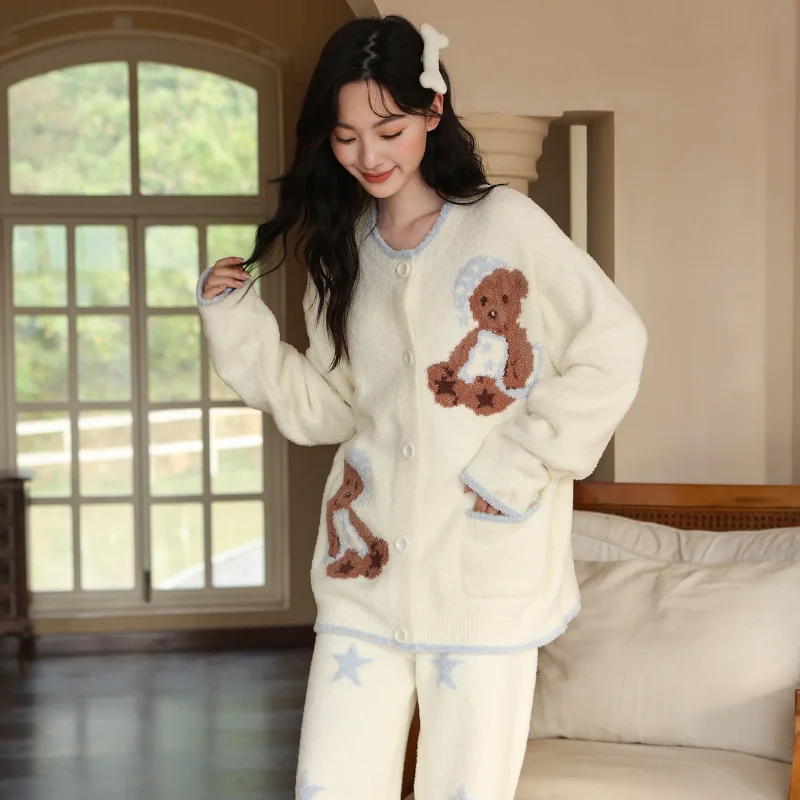 

Зимние женские пижамы, милый мультяшный плюшевый мишка, мягкий и пушистый кардиган с длинными рукавами, толстая и теплая домашняя одежда, полуфланель