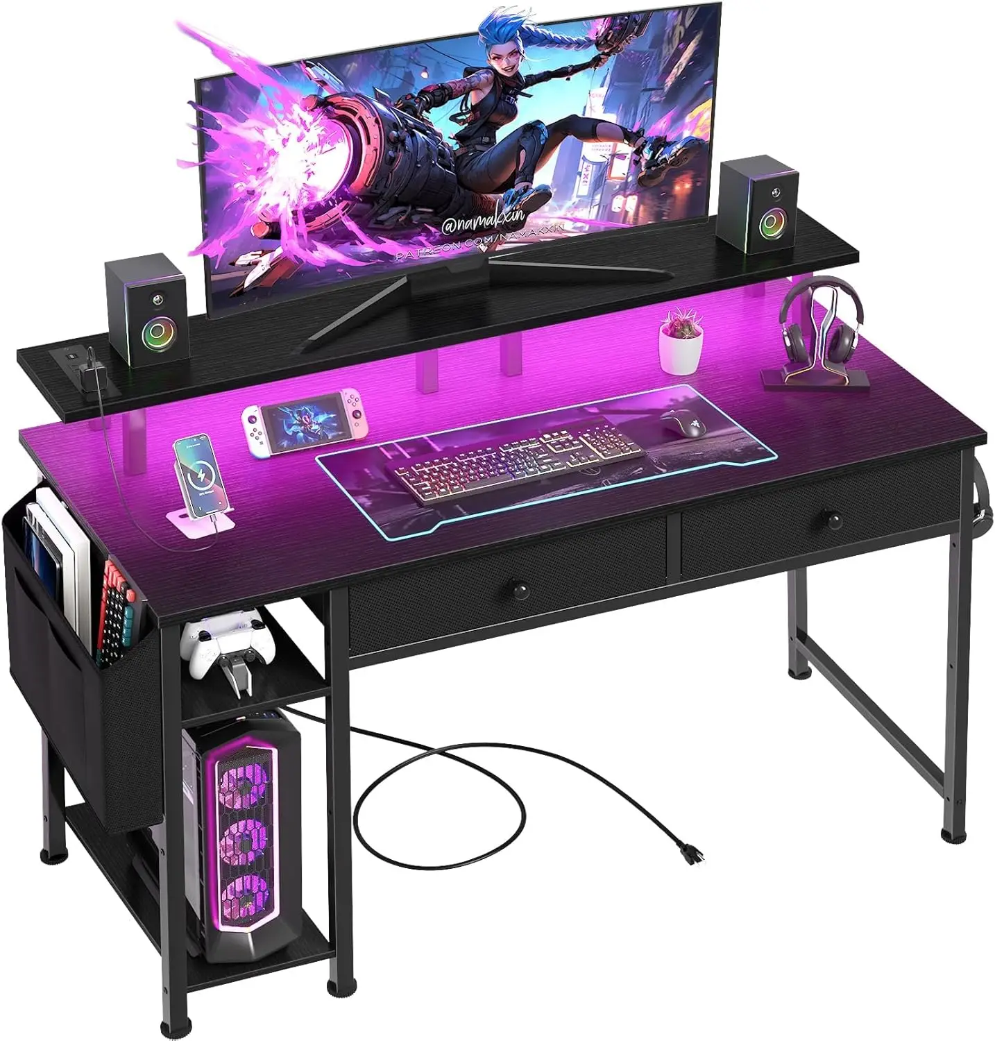 39-Inch Black Gaming Desk with Shelves, Drawers, Power Outlet & LED Lights for Teens Bedroom