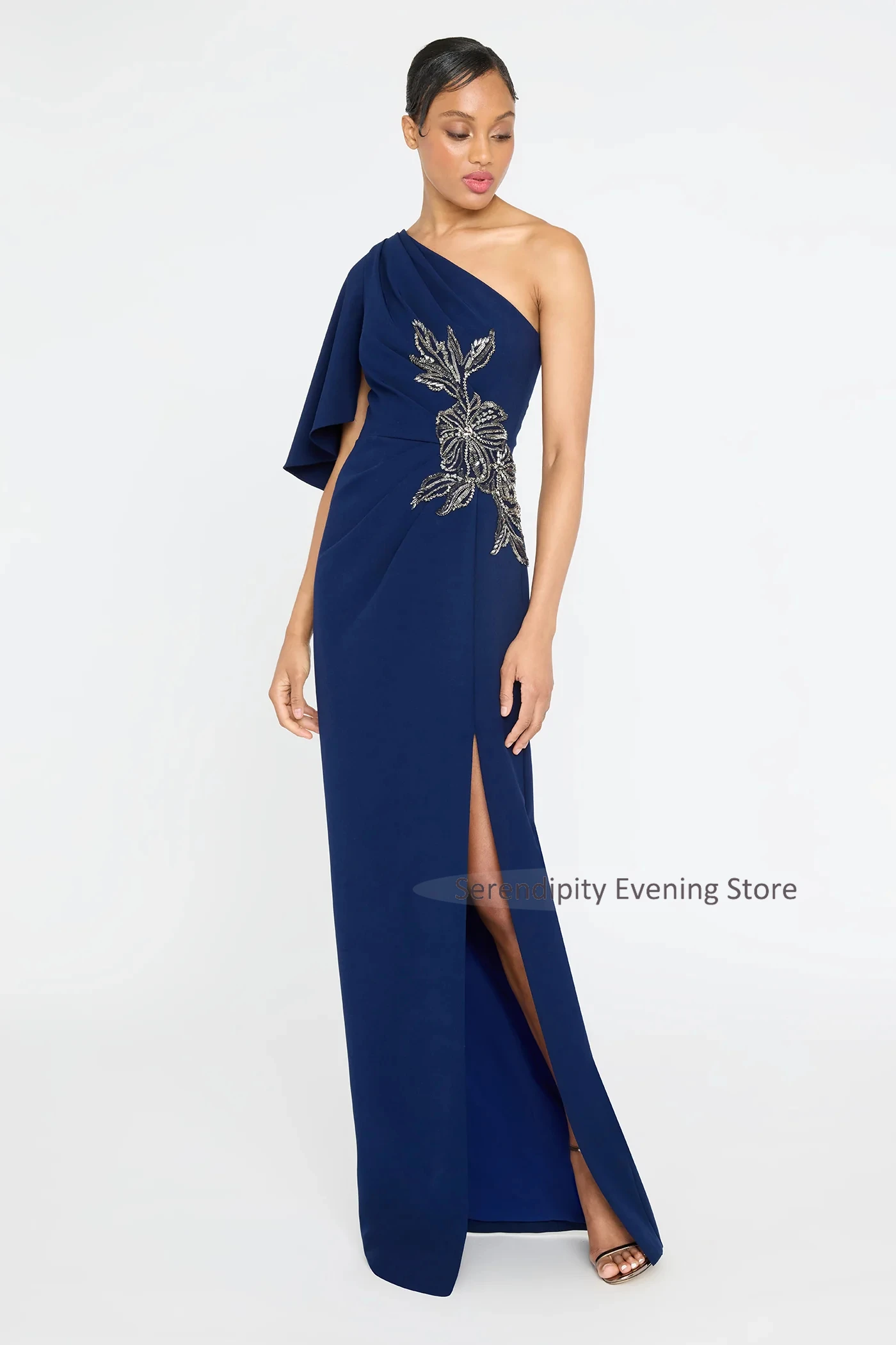 One Shoulder Sleeve Mother of the Bride Dresses for Women Luxury Navy Blue Beaded Wedding Guest Dress Side Slit Party Gowns Long