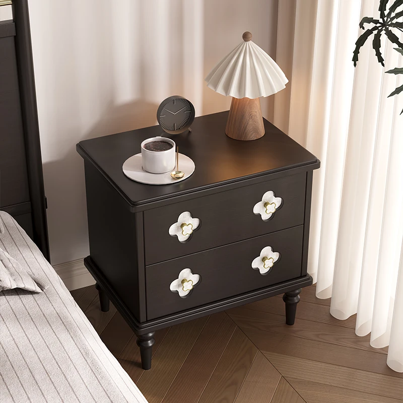 

French Retro Nightstands Modern Solid Wood Black Storage Low Cabinet Dressing Bedroom Home Furniture Gaveteros Para Cuarto FYNS
