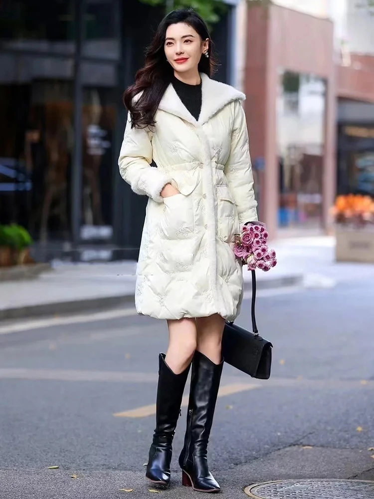 DEAT Fashion Women's Cotton-padded Coat Imitation Mink Fur Collar Single Breasted Thick Warm Long Jacket Winter 2024 New 7AB6067