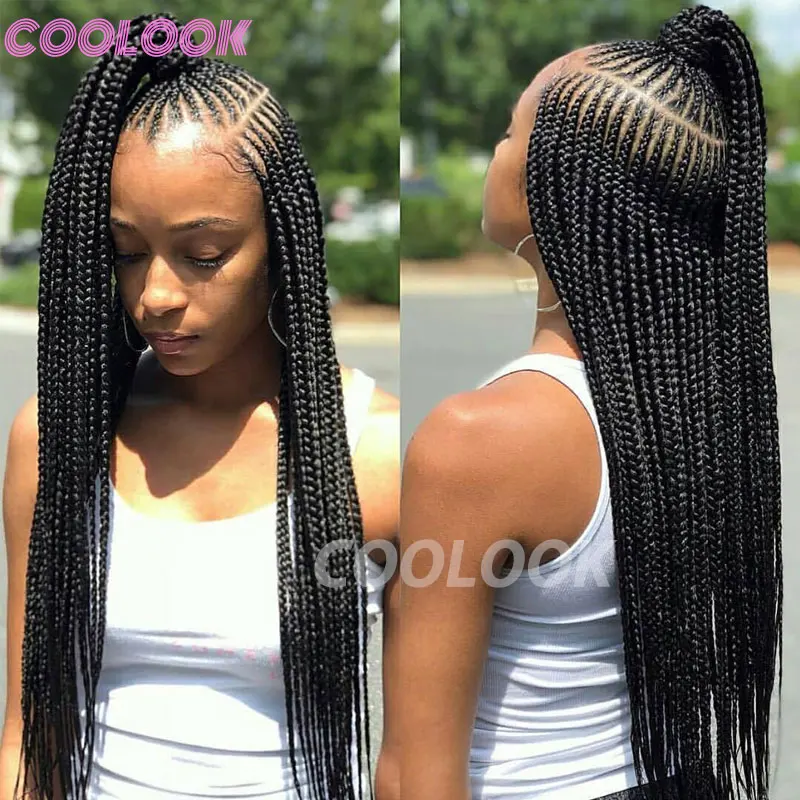 Knotless Cornrow Box trançado perucas para mulheres, Full Lace Front, parte lateral, tranças perucas, Natural Synthetic, 36"