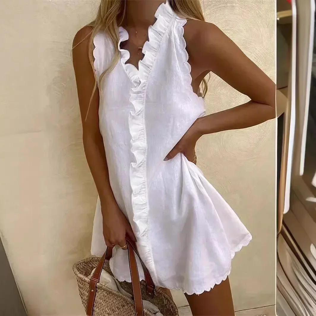 Summer New Women Casual Cotton Linen White Dress V Neck Ruffles Sleeveless Elegant Boho Beach Party Dresses Female Vestidos